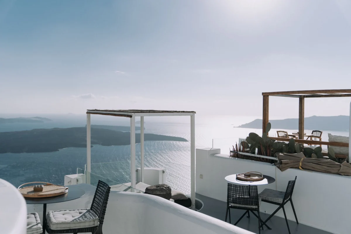 A luxurious hotel terrace overlooking the sea in Mykonos