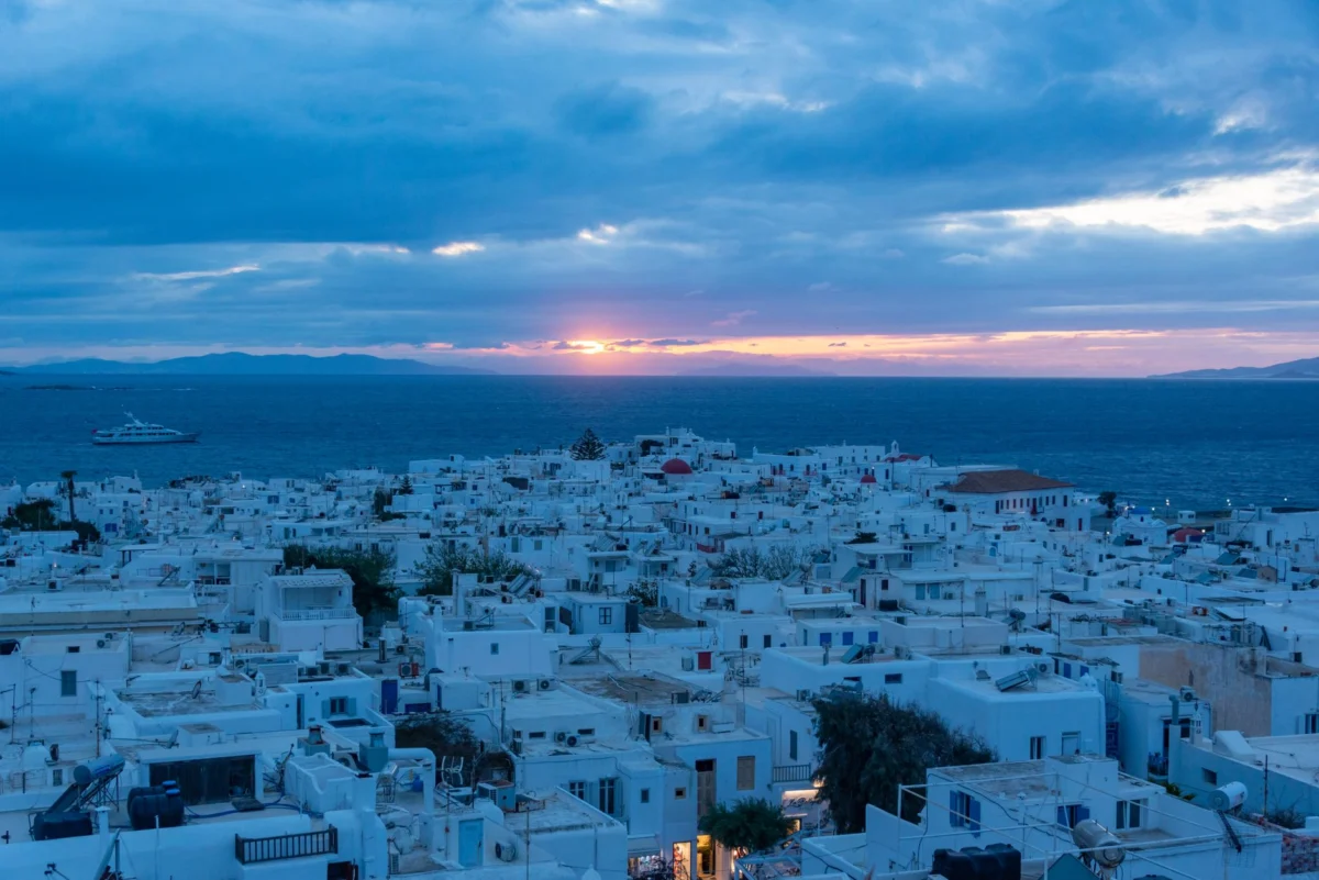 Nighttime Mykonos view with iconic skyline, ideal for couples