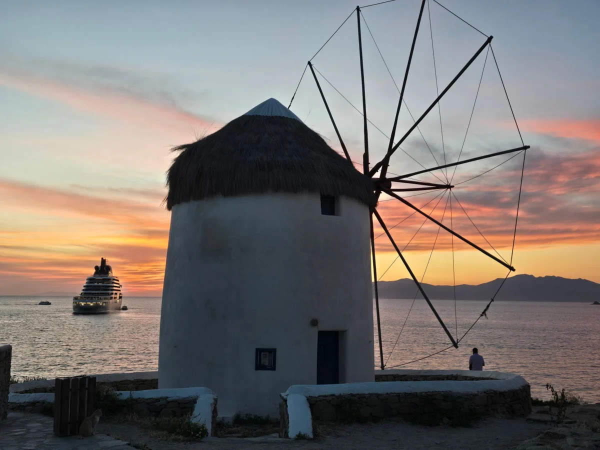 Sunset view over a scenic coastline in Mykonos