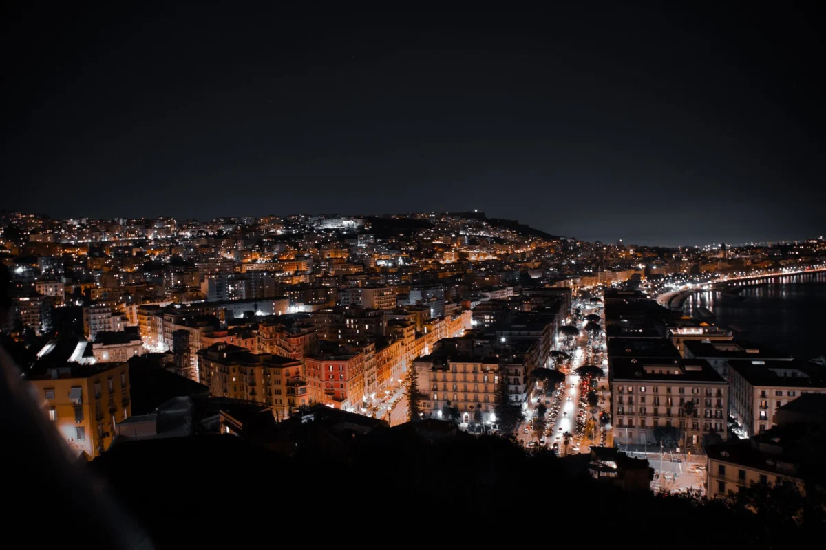Romantic view over Naples city skyline at sunset