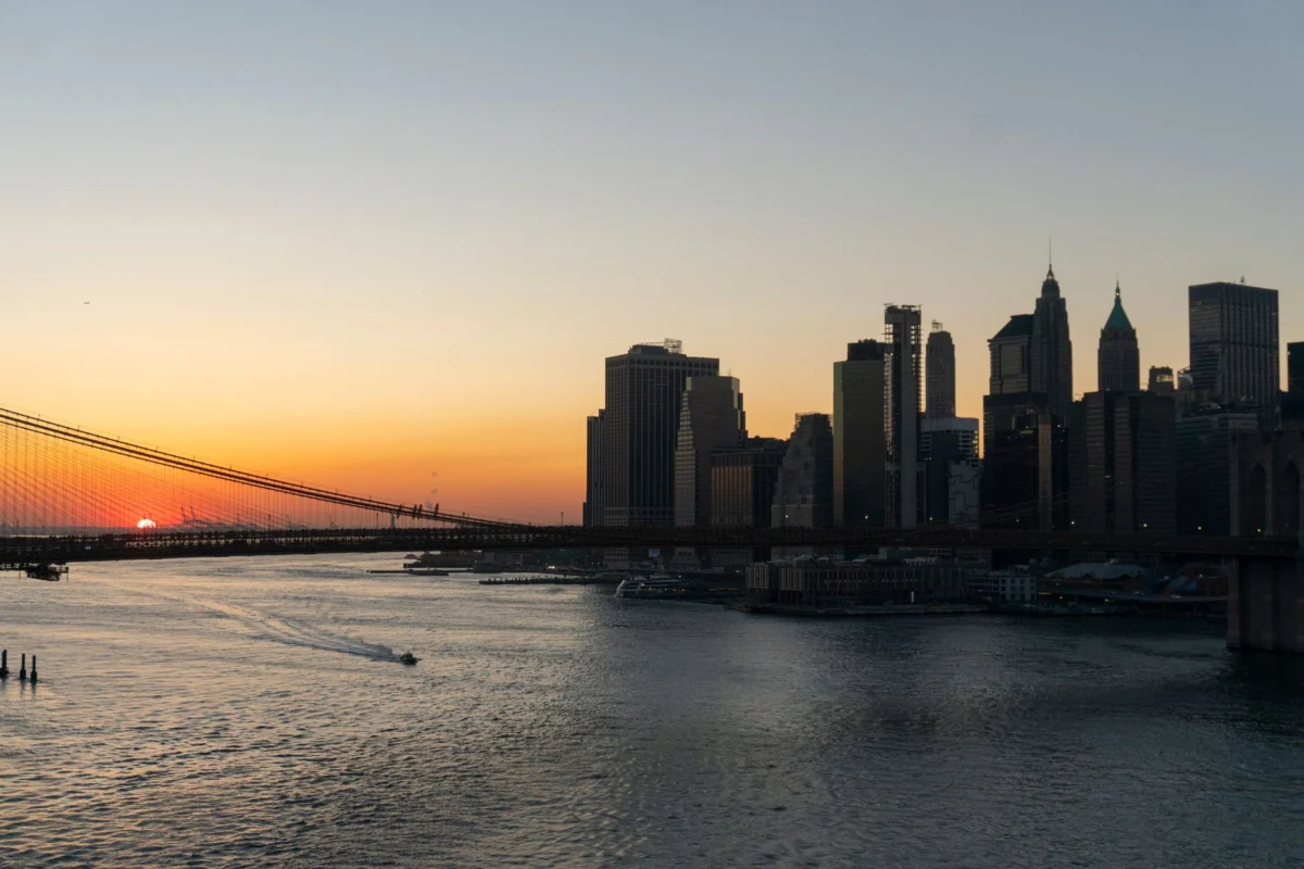 A romantic sunset view of New York City skyline