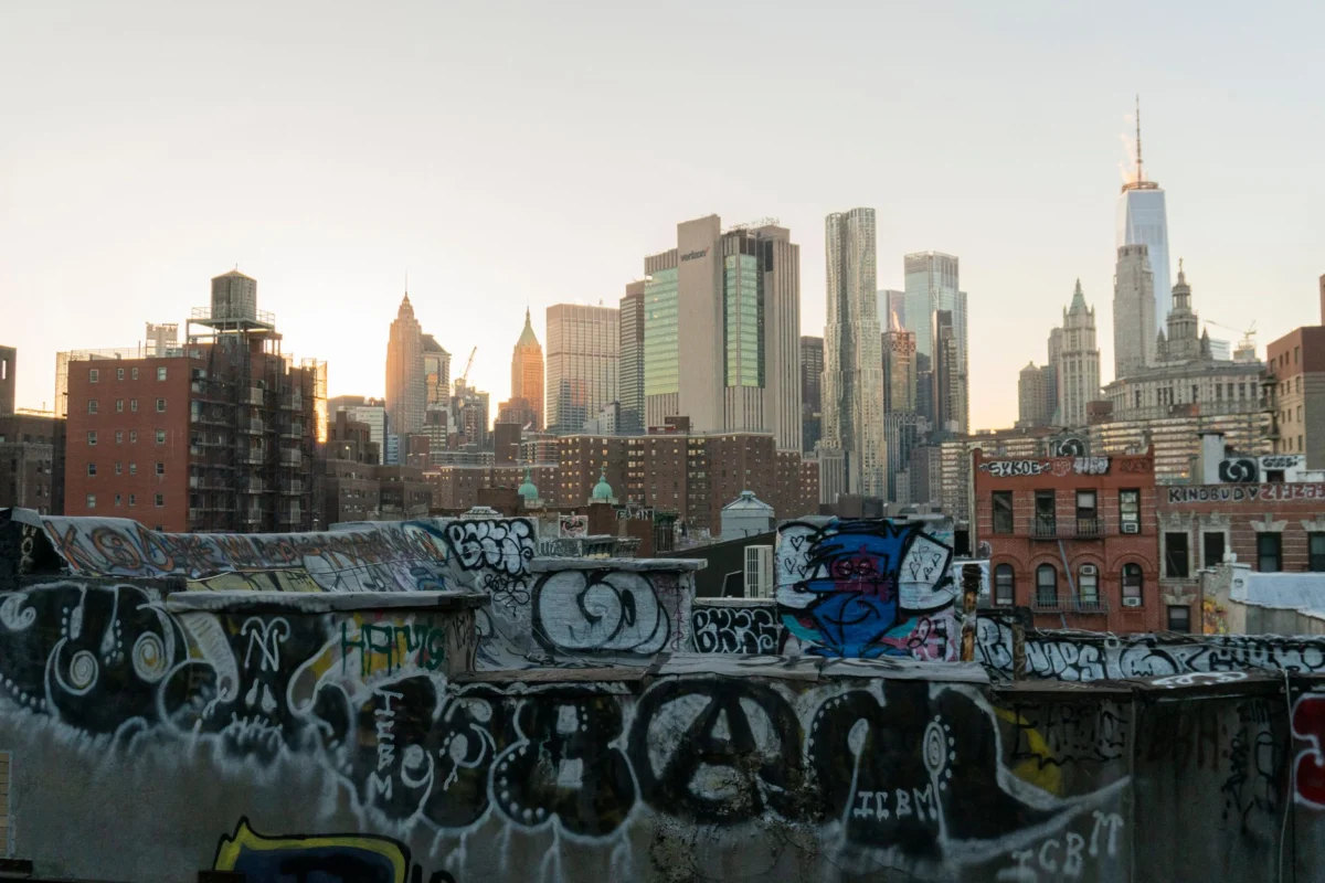 Romantic sunset view of New York skyline with iconic landmarks