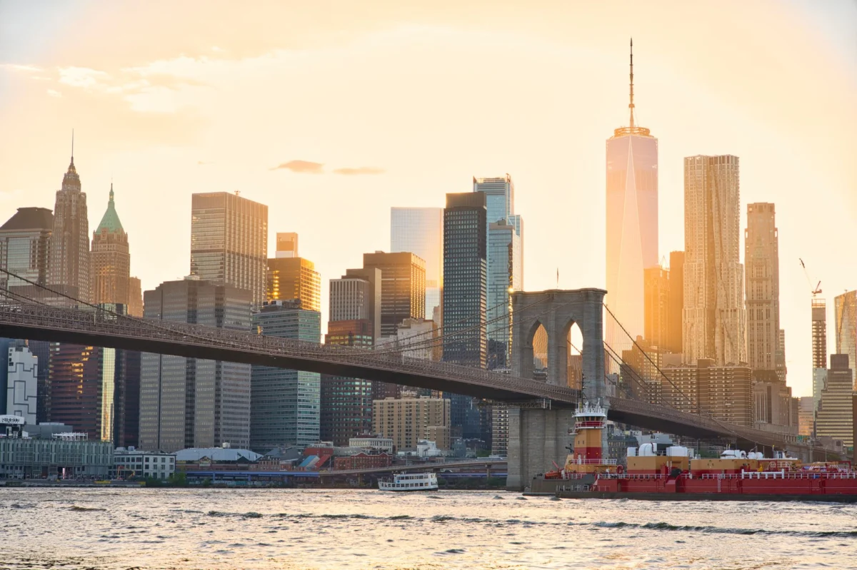 Breathtaking New York skyline at sunset, featuring iconic skyscrapers