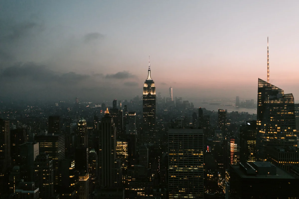 New York skyline at sunset with iconic landmarks
