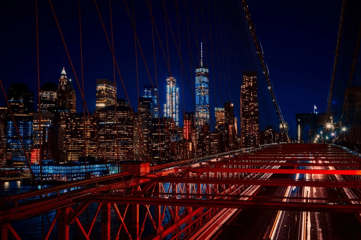 New York skyline at night with city lights