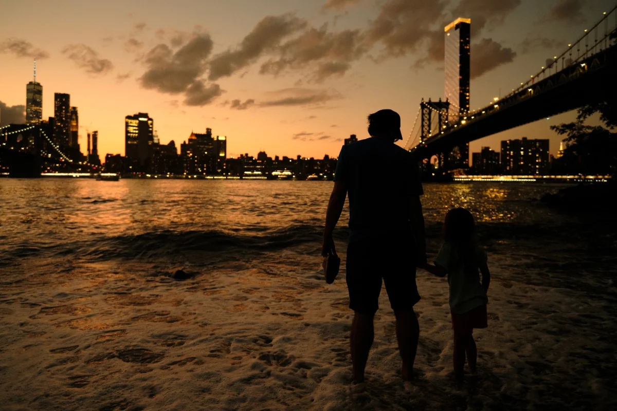 Romantic New York City skyline at sunset