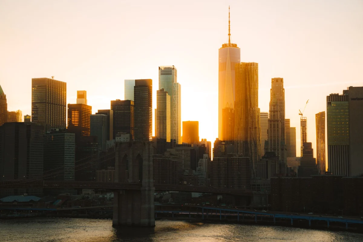 Sunset view of New York skyline over quiet neighborhoods