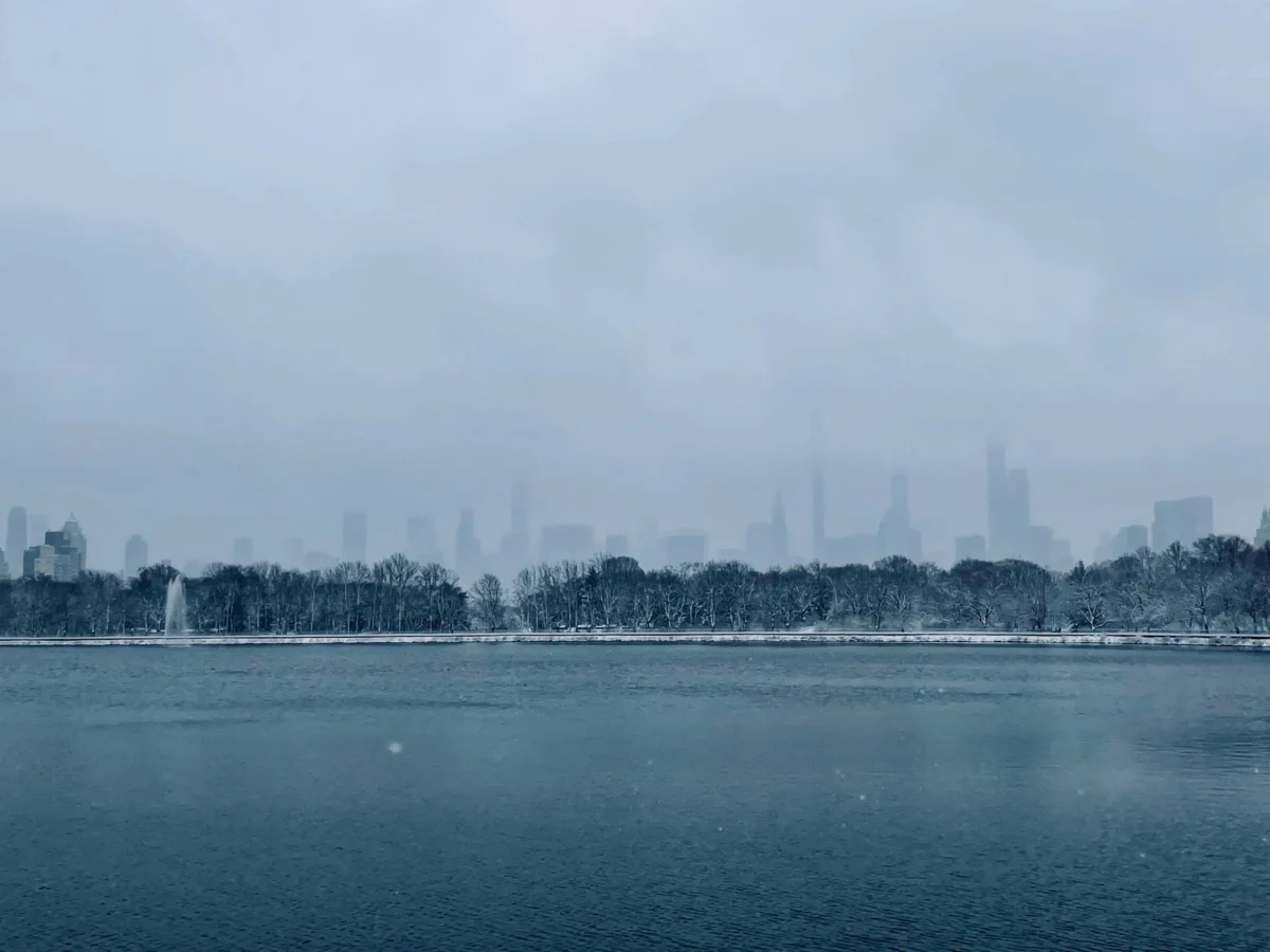 Romantic winter view of New York skyline during the holiday season
