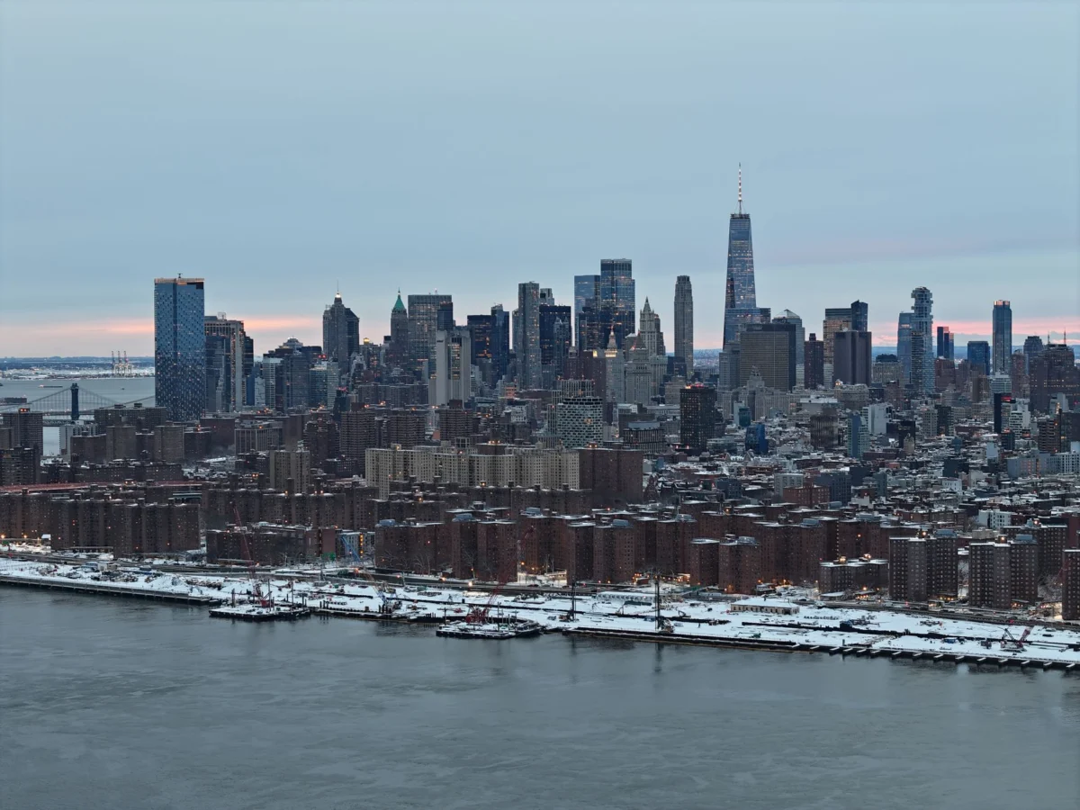 Romantic winter view of New York City skyline