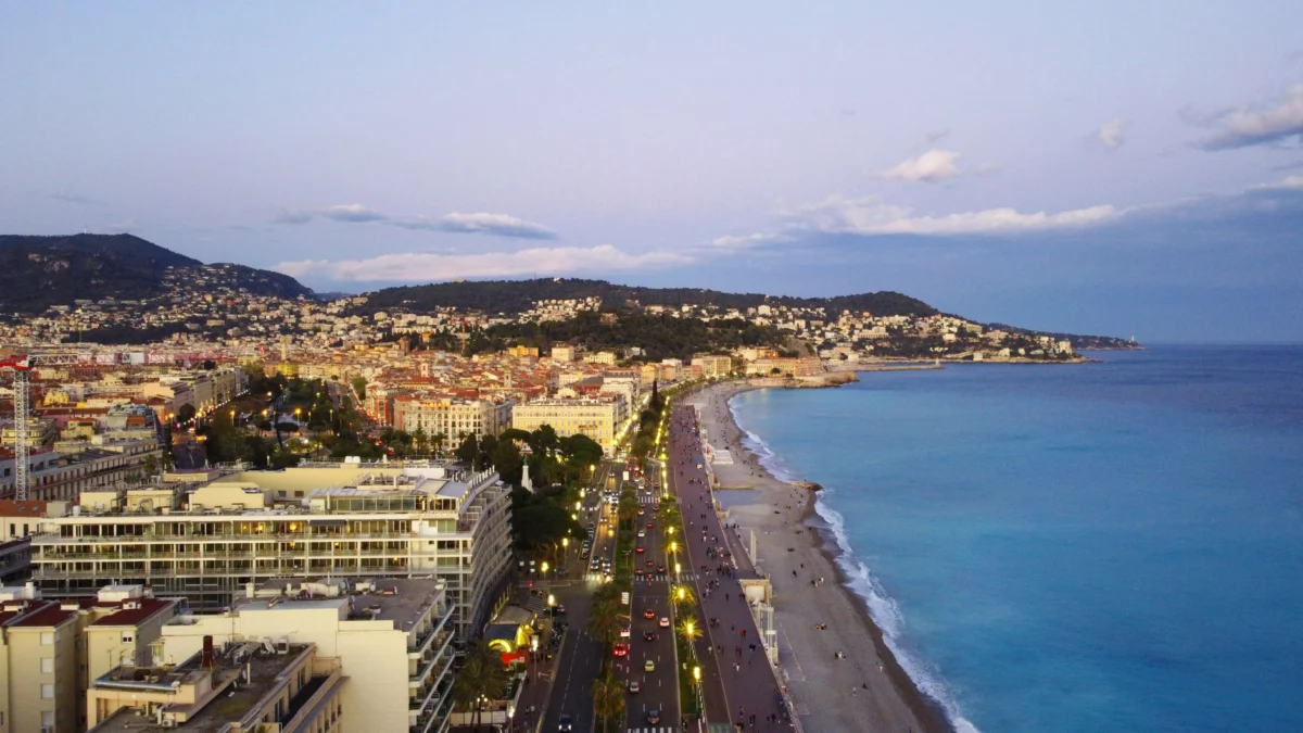 Sunset over Nice's Promenade des Anglais with romantic view