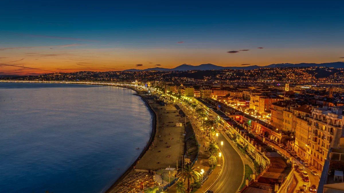 Charming view of Promenade des Anglais at night in Nice