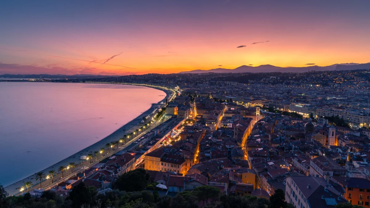 A romantic view of Nice's skyline perfect for honeymooners