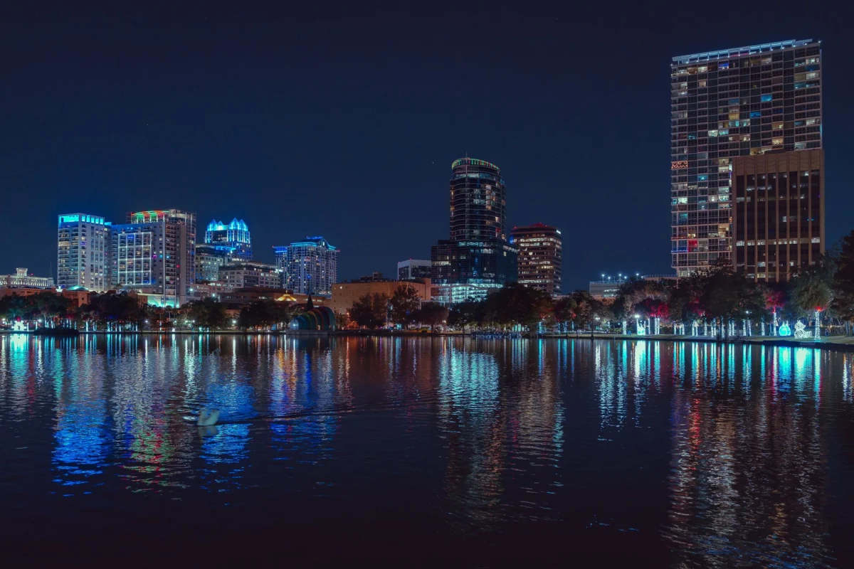 Orlando skyline illuminated at night with city lights