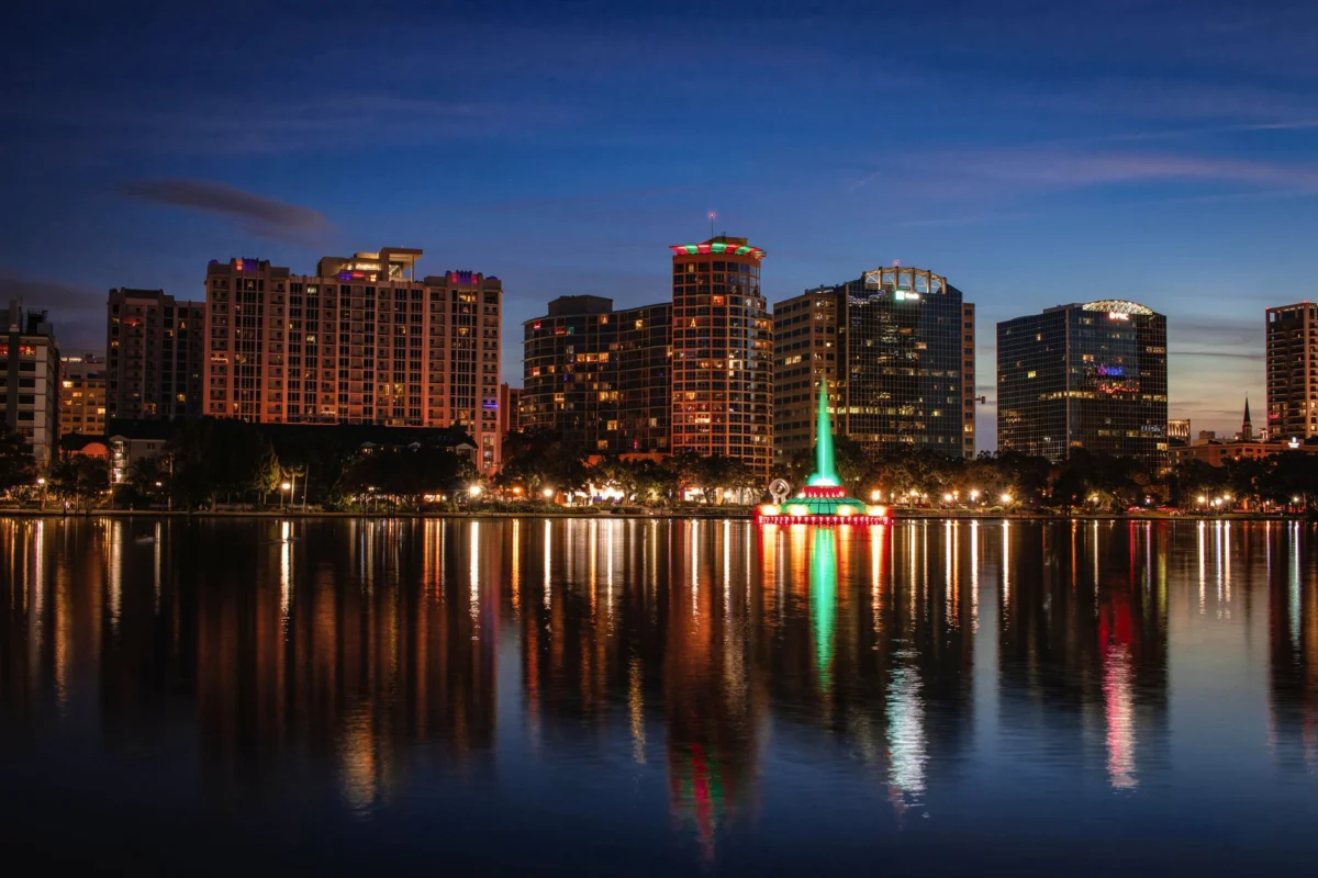 A romantic sunset view of Orlando's skyline