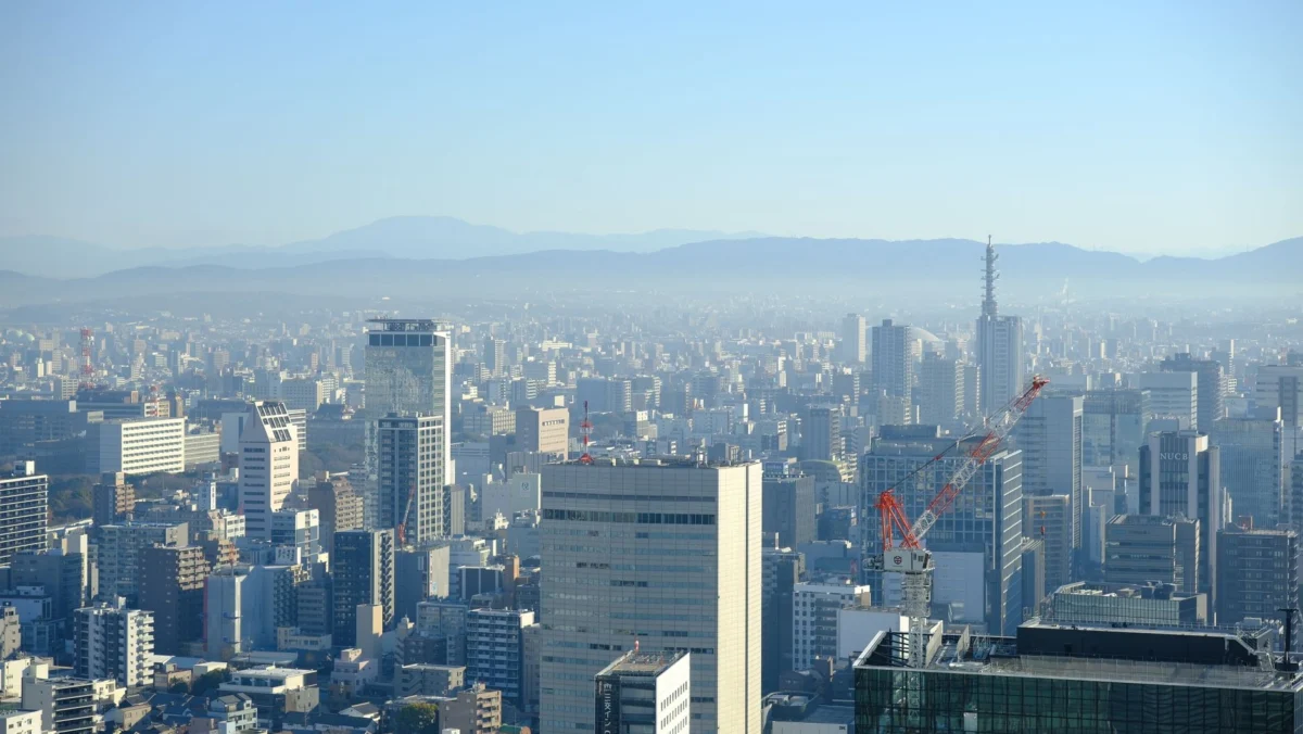 A panoramic view of Osaka skyline at dusk