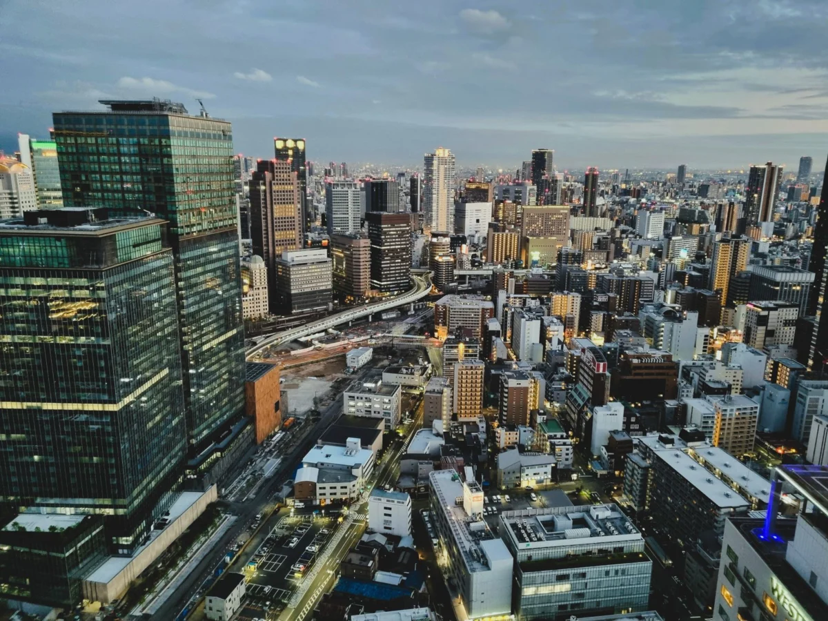 Osaka skyline at dusk with city lights and river views