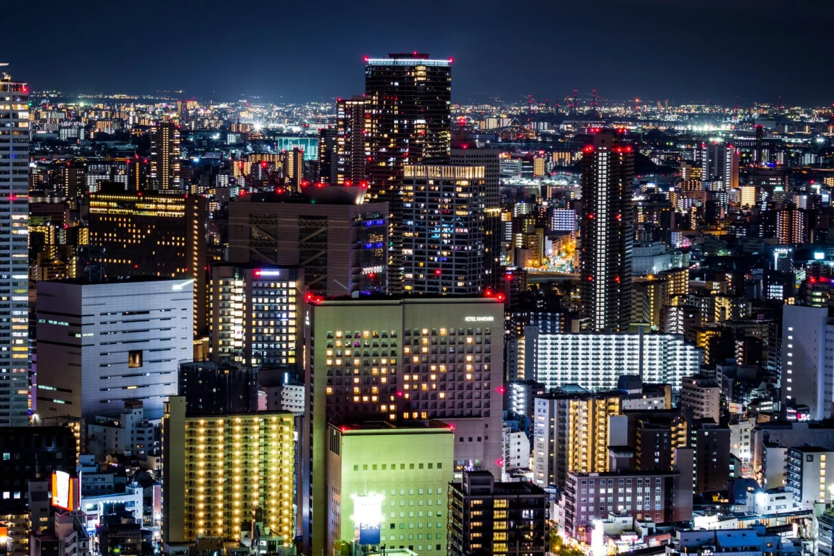 Dazzling night view of Osaka skyline with iconic landmarks