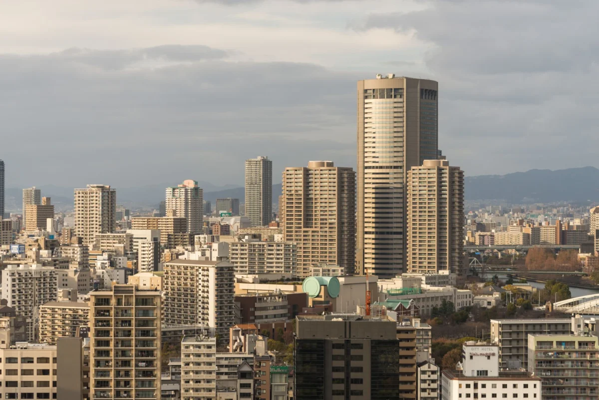 Romantic sunset view over Osaka skyline