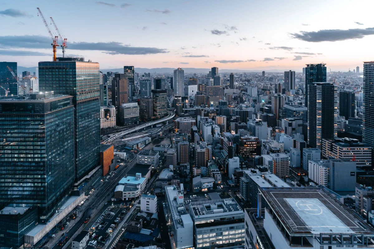 A breathtaking view of Osaka's skyline at sunset