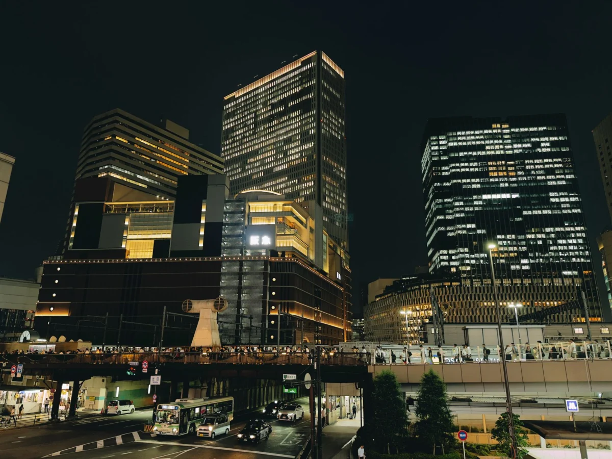 A breathtaking night view of Osaka skyline featuring iconic landmarks