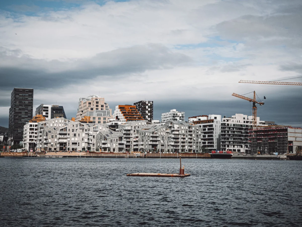 Sunset view of Oslo harbour with city skyline