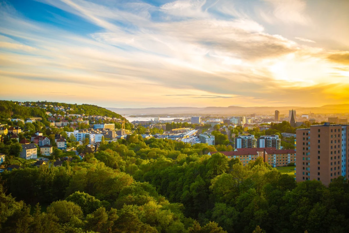 Beautiful Oslo skyline at sunset with a romantic atmosphere