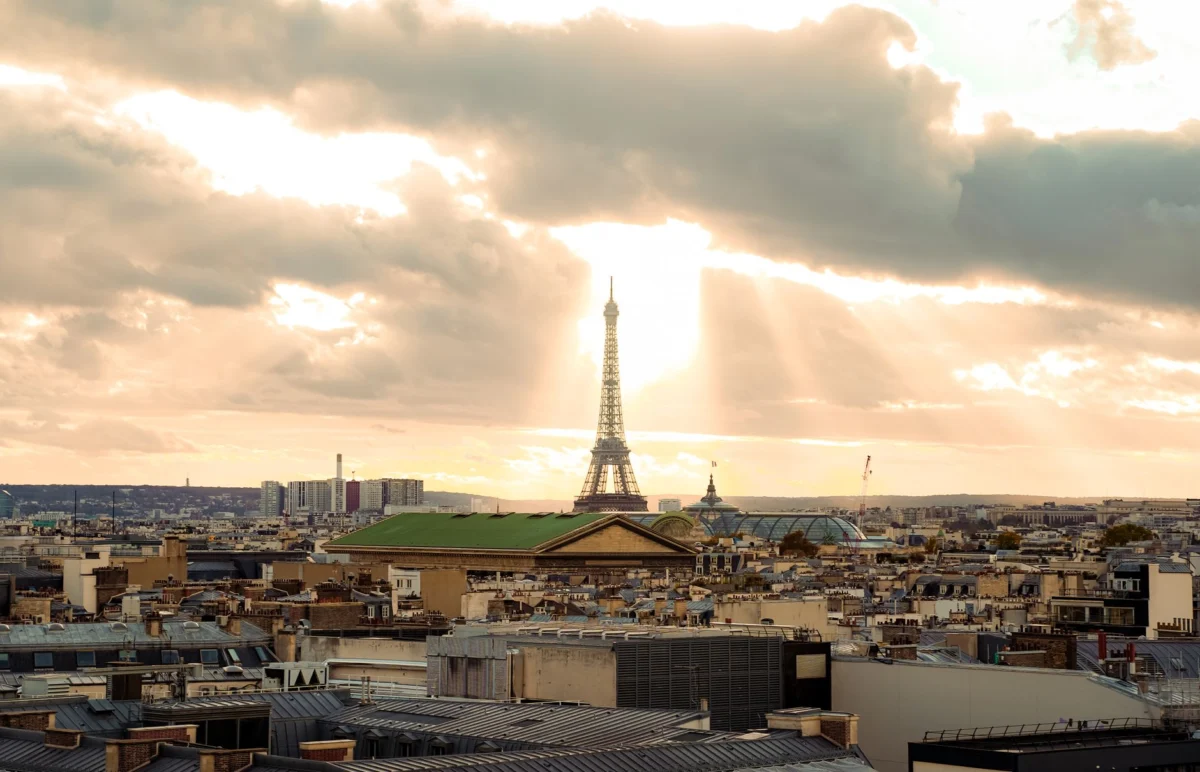 Romantic view of Paris with the Eiffel Tower at sunset