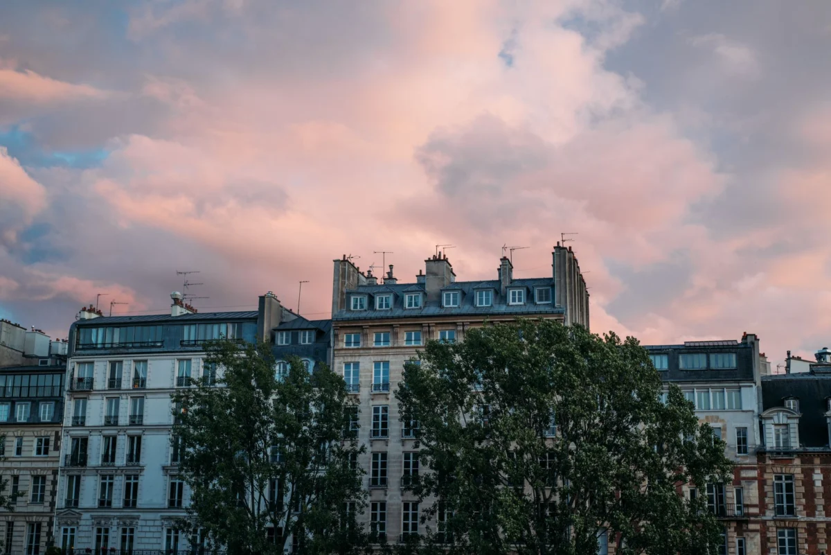 View of romantic hotel with Paris skyline