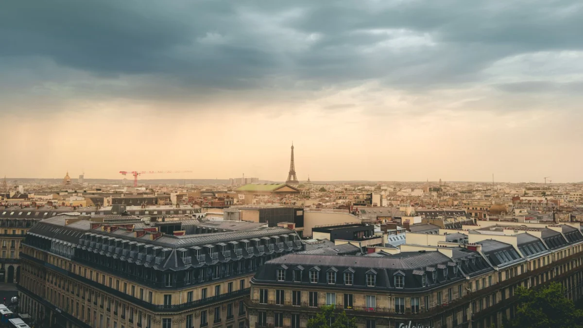 Romantic view of Paris skyline at night with iconic landmarks