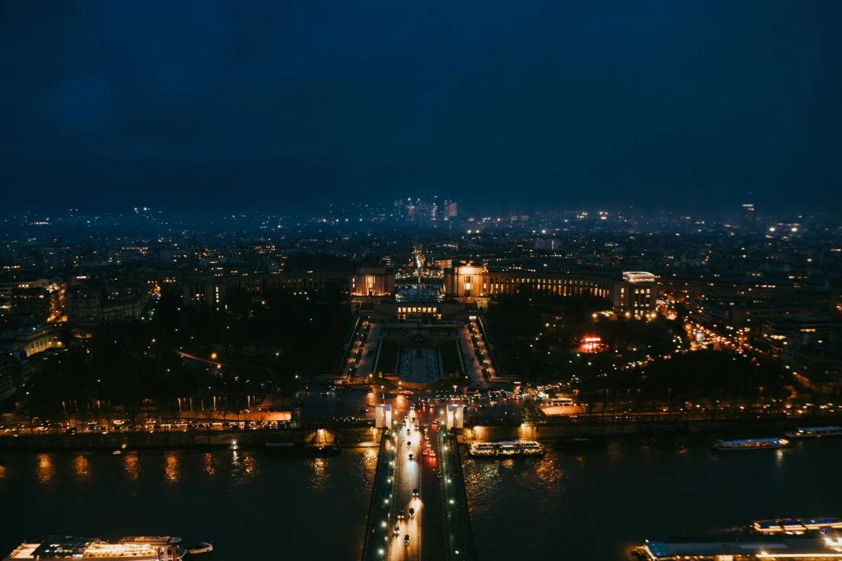 Paris skyline at twilight over the Seine River
