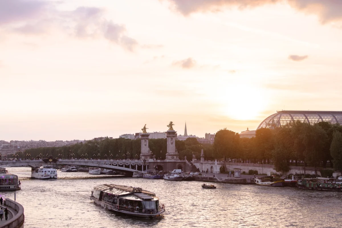 Romantic sunset view of the Paris skyline with iconic landmarks