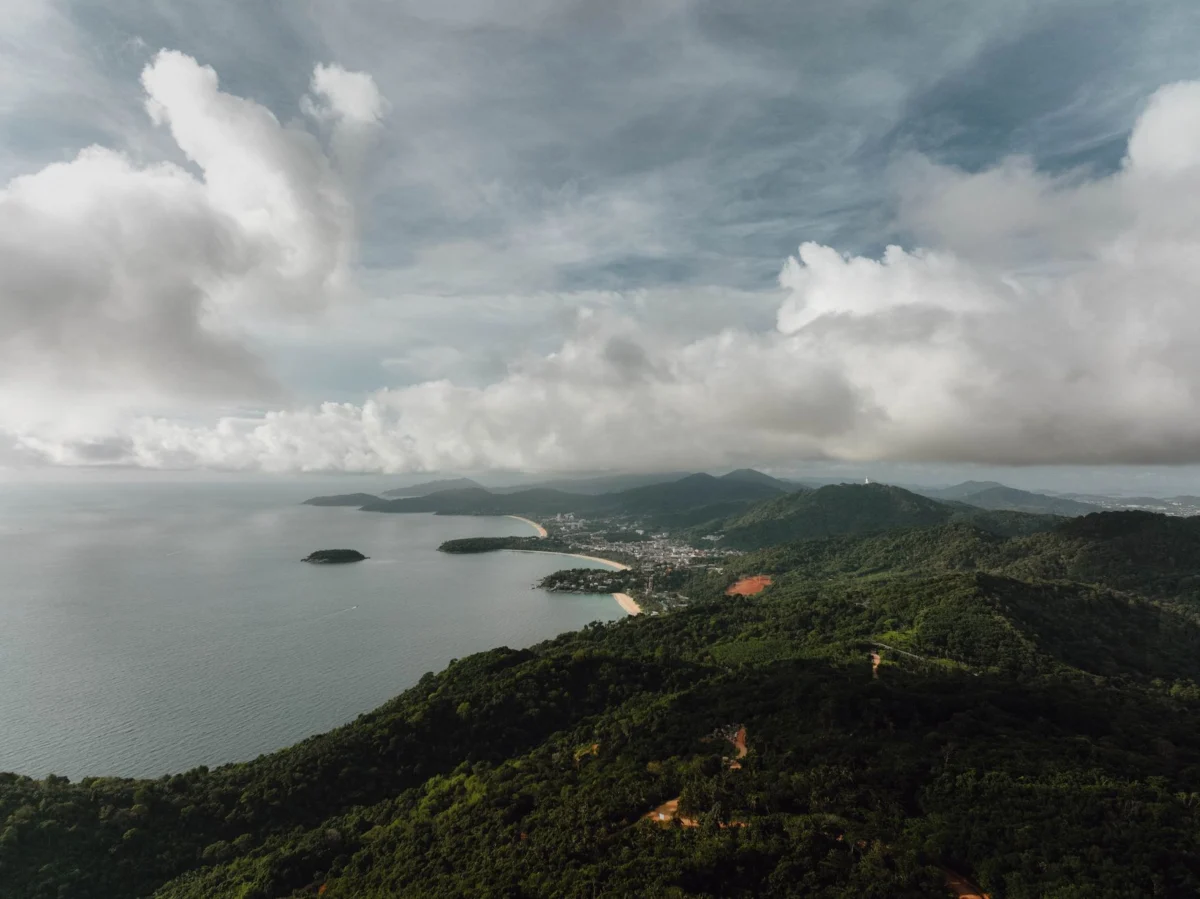 A stunning aerial view of Phuket showcasing the bustling cityscape and serene beaches