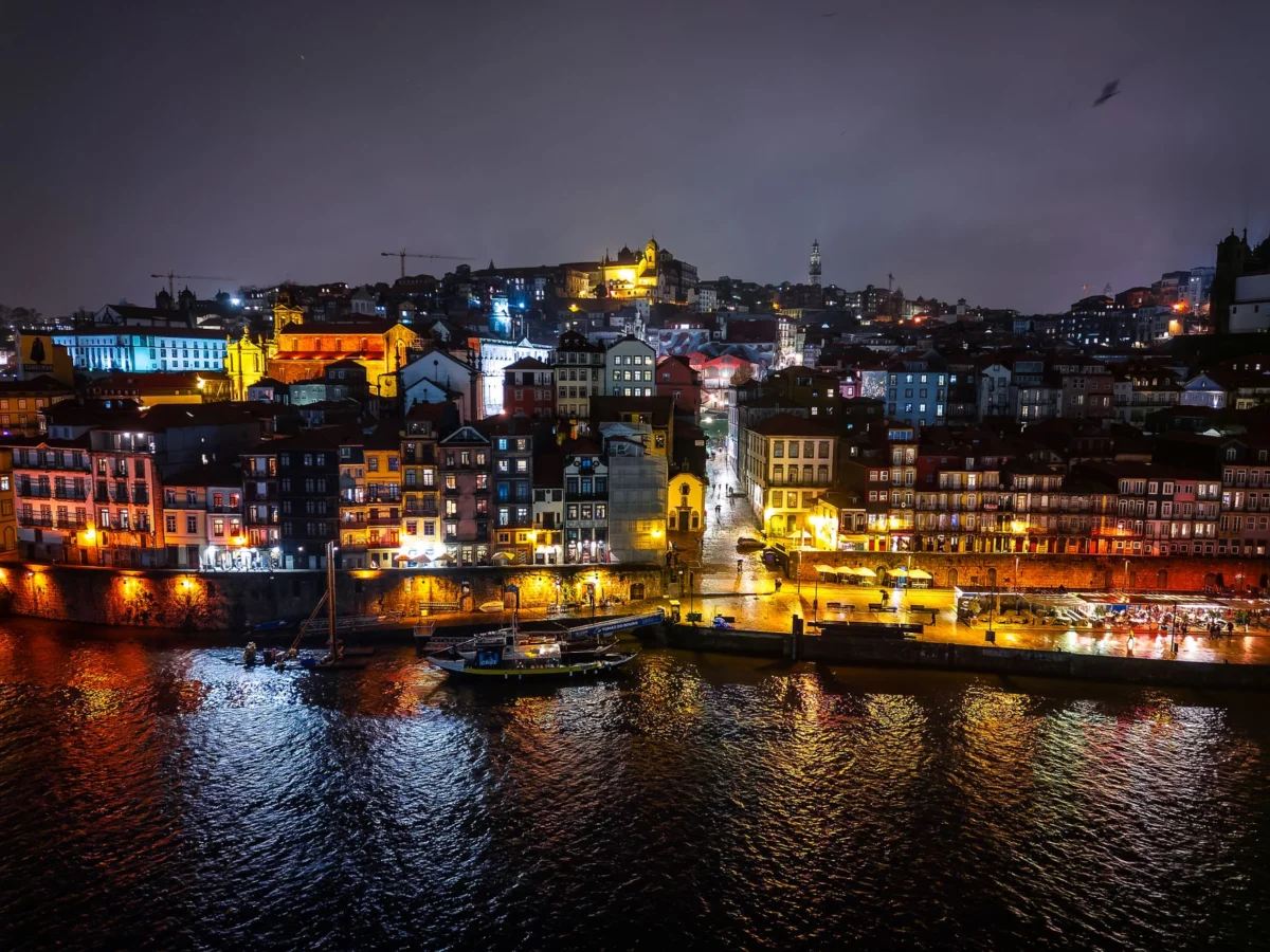 Evening view of Porto's Ribeira district overlooking the Douro River