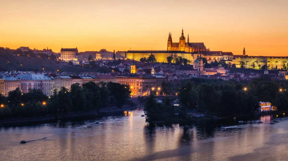 Prague skyline with a view of the castle at sunset