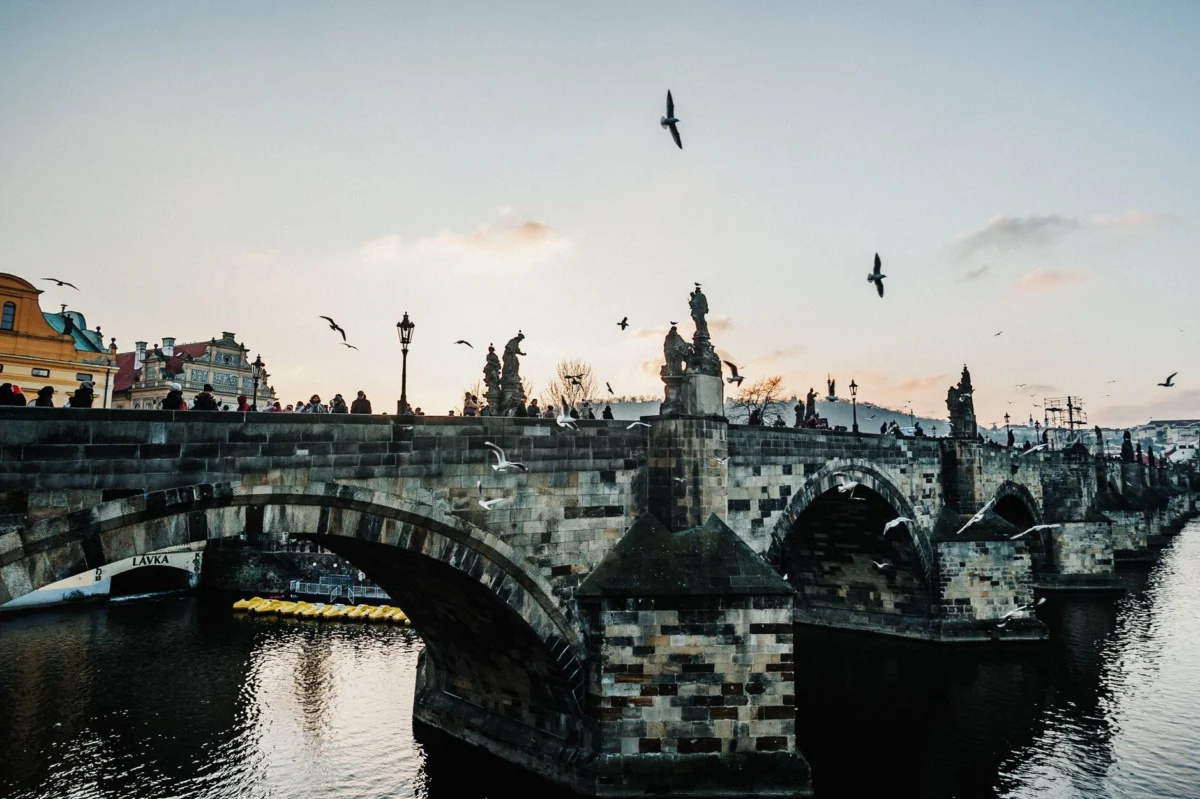 Romantic morning view of Charles Bridge in Prague with a scenic skyline