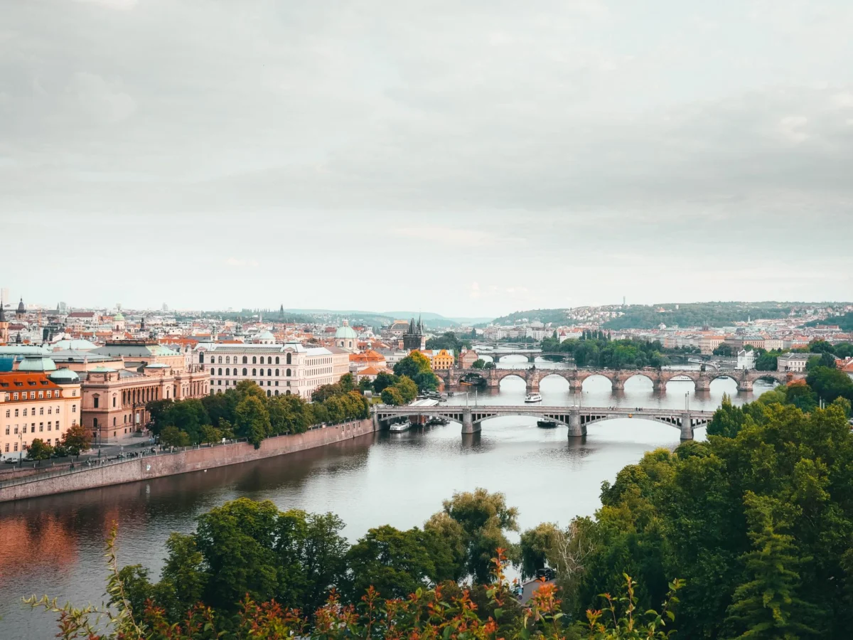 Skyline view of Prague with Charles Bridge and Vltava River