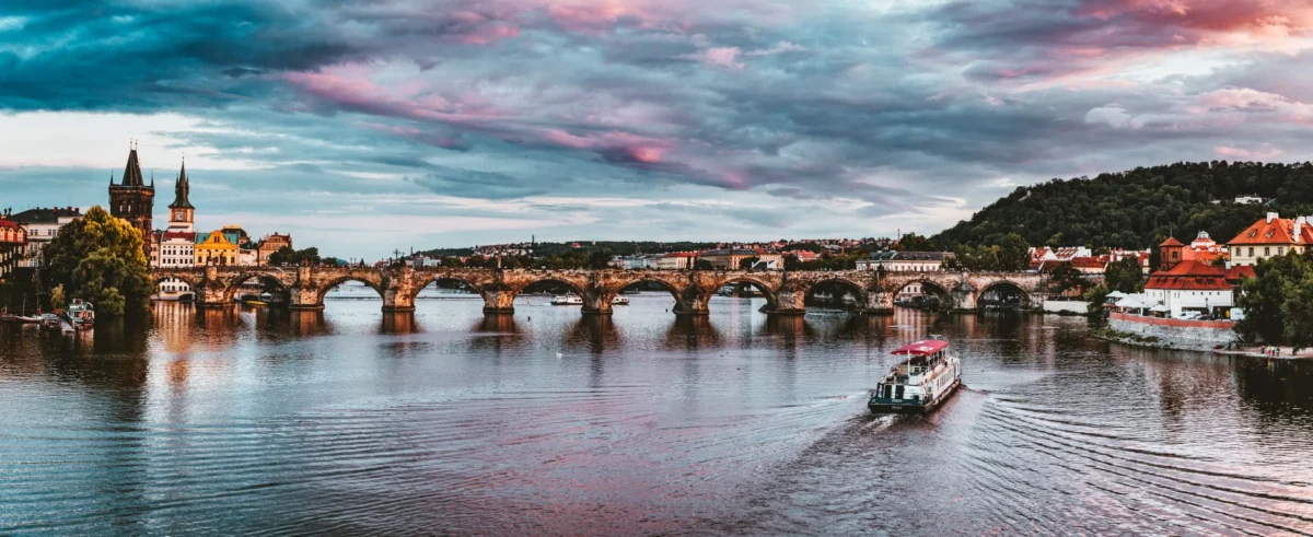 Breathtaking view of Prague's Charles Bridge at sunset