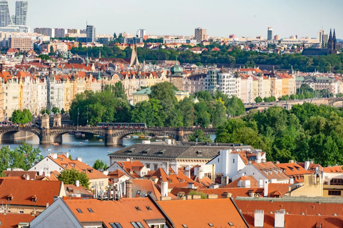 Panoramic view of Prague old town with iconic historical landmarks