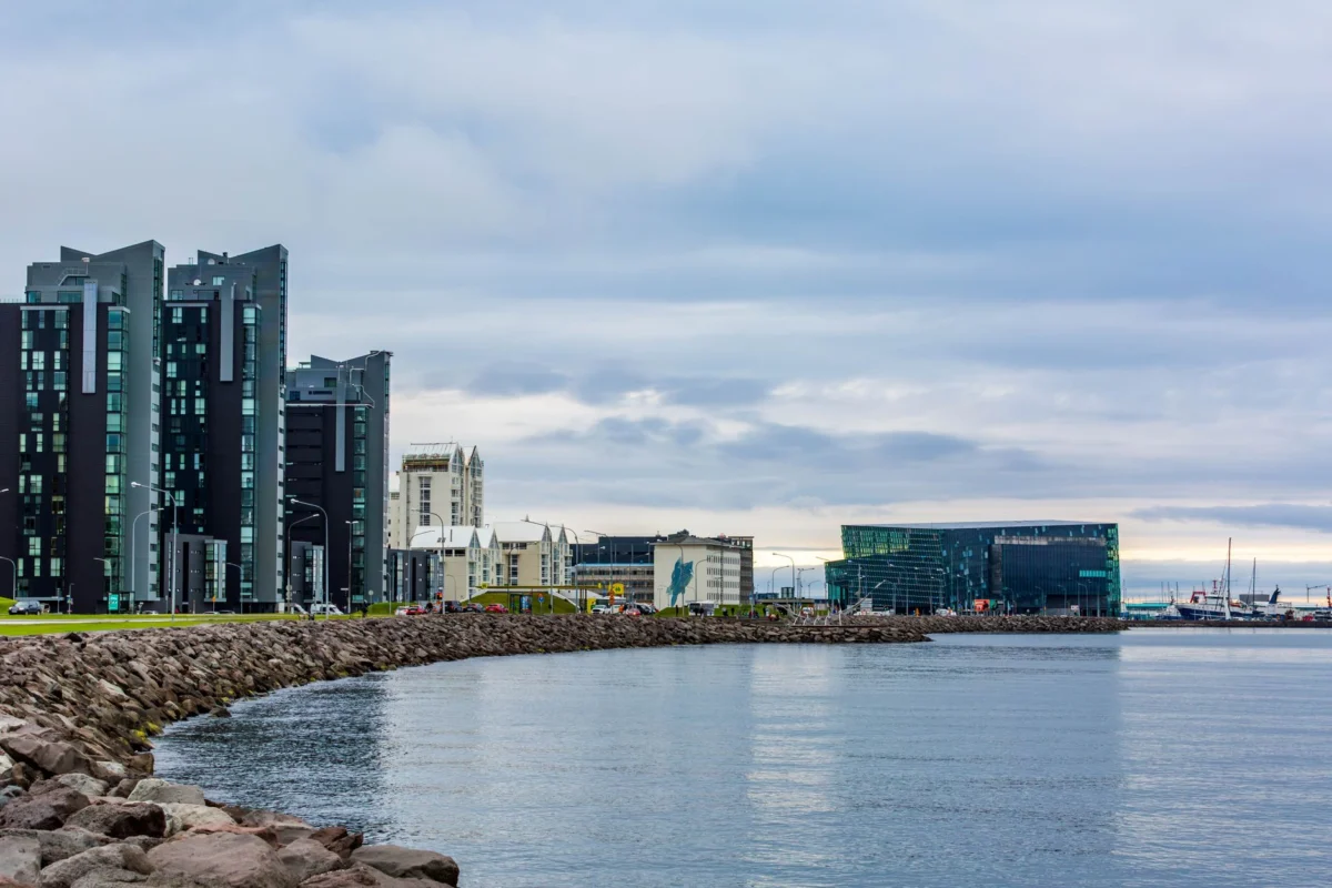 Panoramic view of Reykjavik city skyline with colorful rooftops