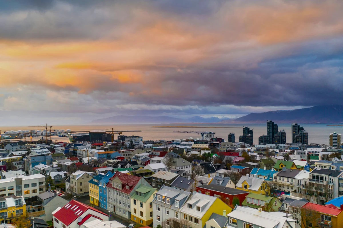 Romantic sunset view of Reykjavik skyline with colorful buildings
