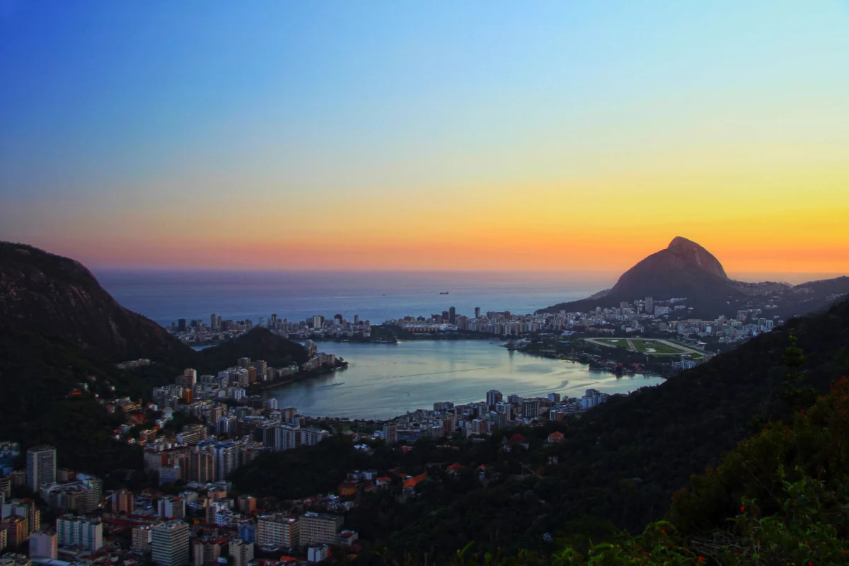 Rio de Janeiro's skyline at sunset with iconic mountains
