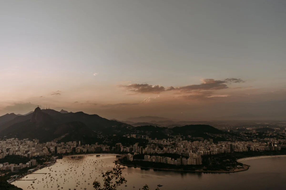 Scenic sunset view of Rio de Janeiro's iconic skyline, showcasing romantic allure