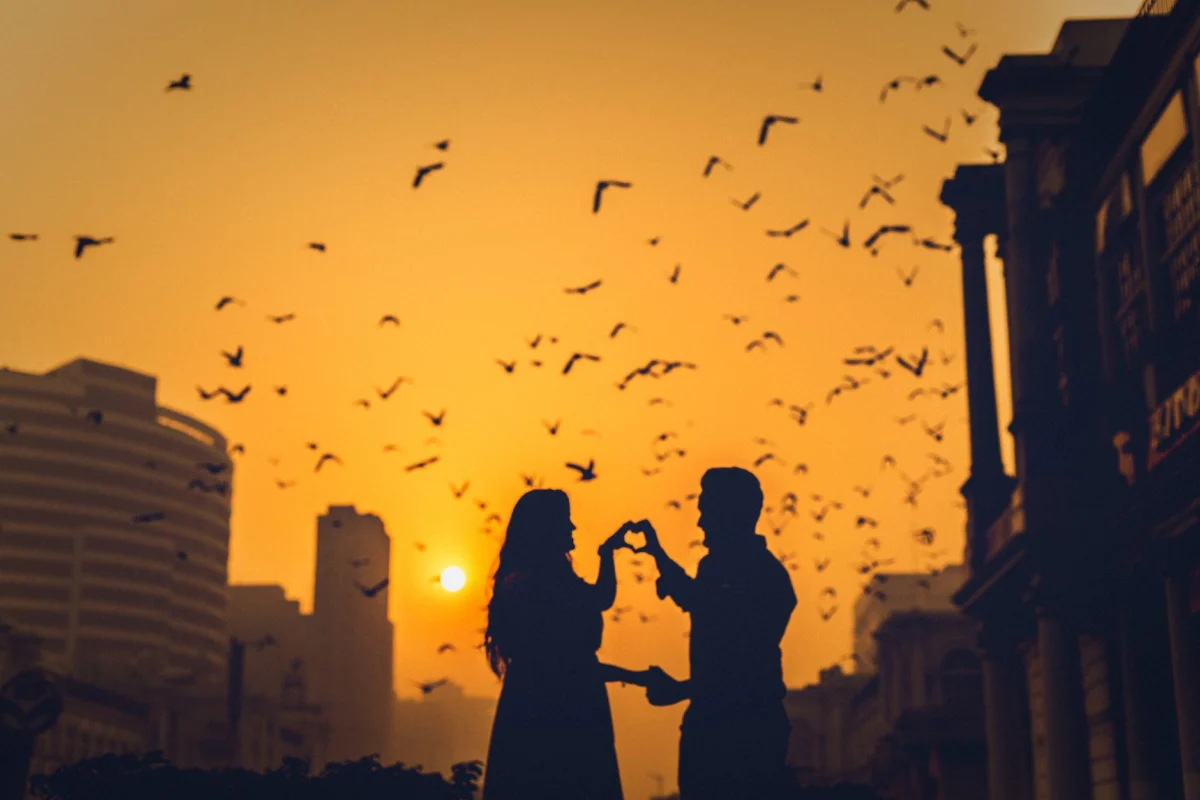 Romantic view of Delhi skyline at sunset, perfect for couples