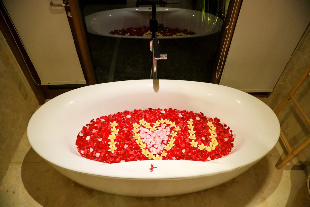 Romantic hotel room in Bali with local decor