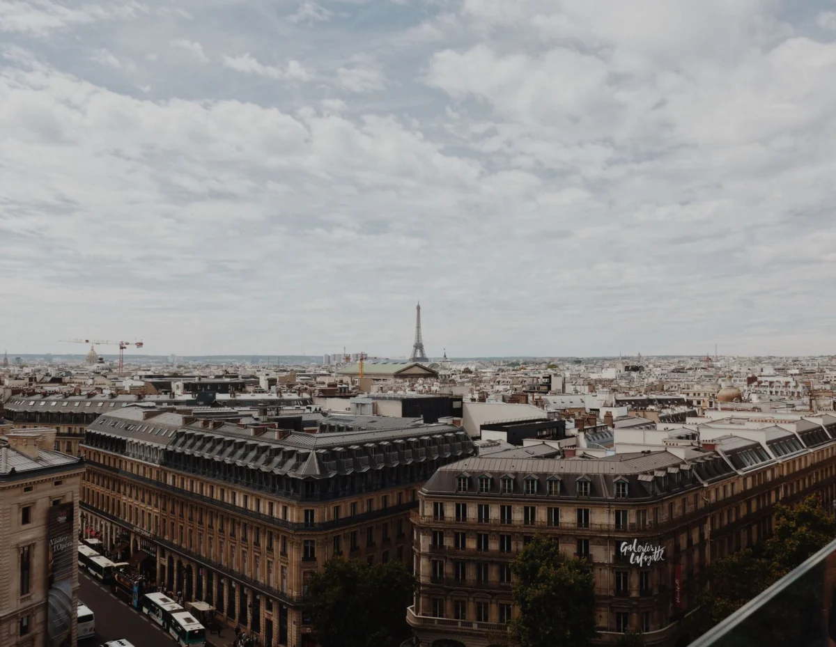 Paris skyline with Eiffel Tower view from a hotel room