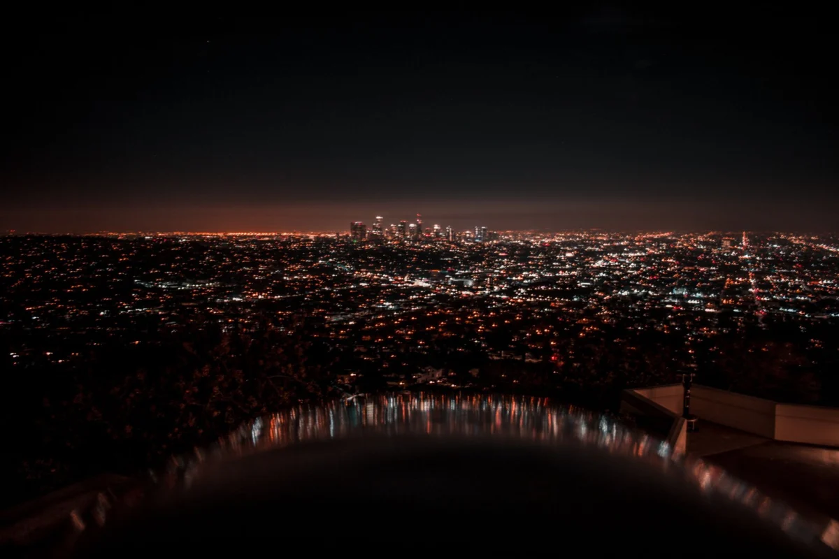 A romantic sunset view of the Los Angeles skyline.