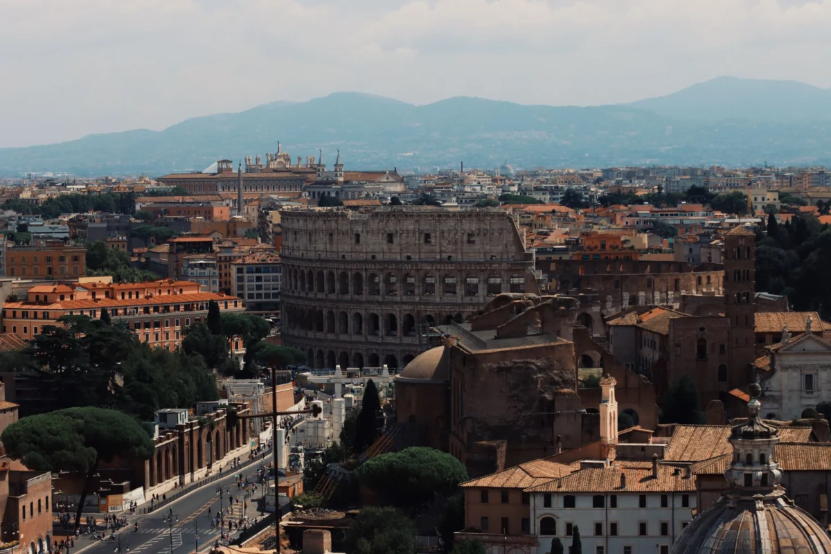 Panoramic view of the Colosseum in Rome at sunset