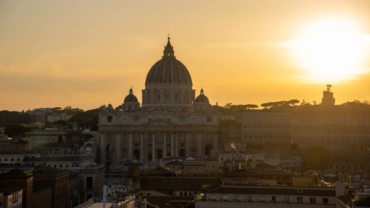 Romantic Rome skyline with ancient sites and soft evening light