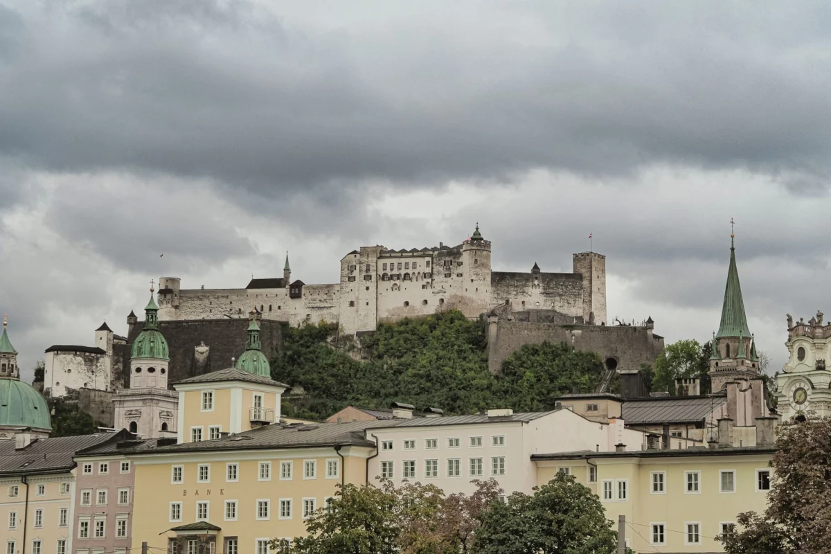 Romantic skyline view of historic Salzburg at dusk