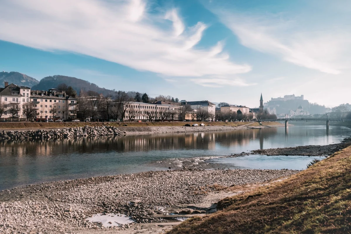 View of Salzburg's old town and river at dusk